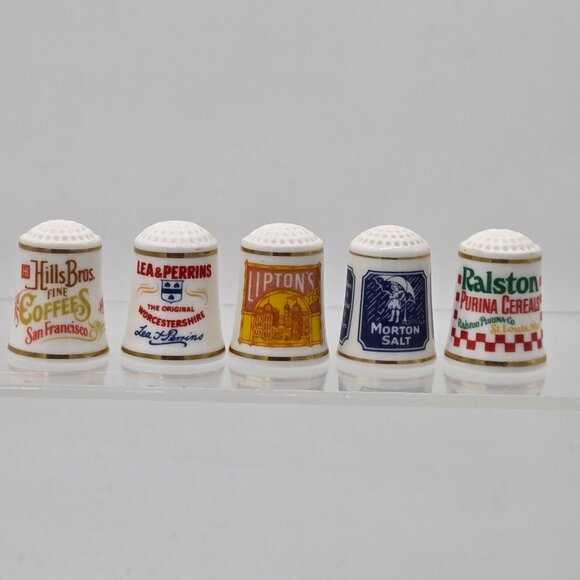 Country Store Advertising Thimbles Set of 25 and Info Cards W/ Wood Display Rack - Picture 13 of 16